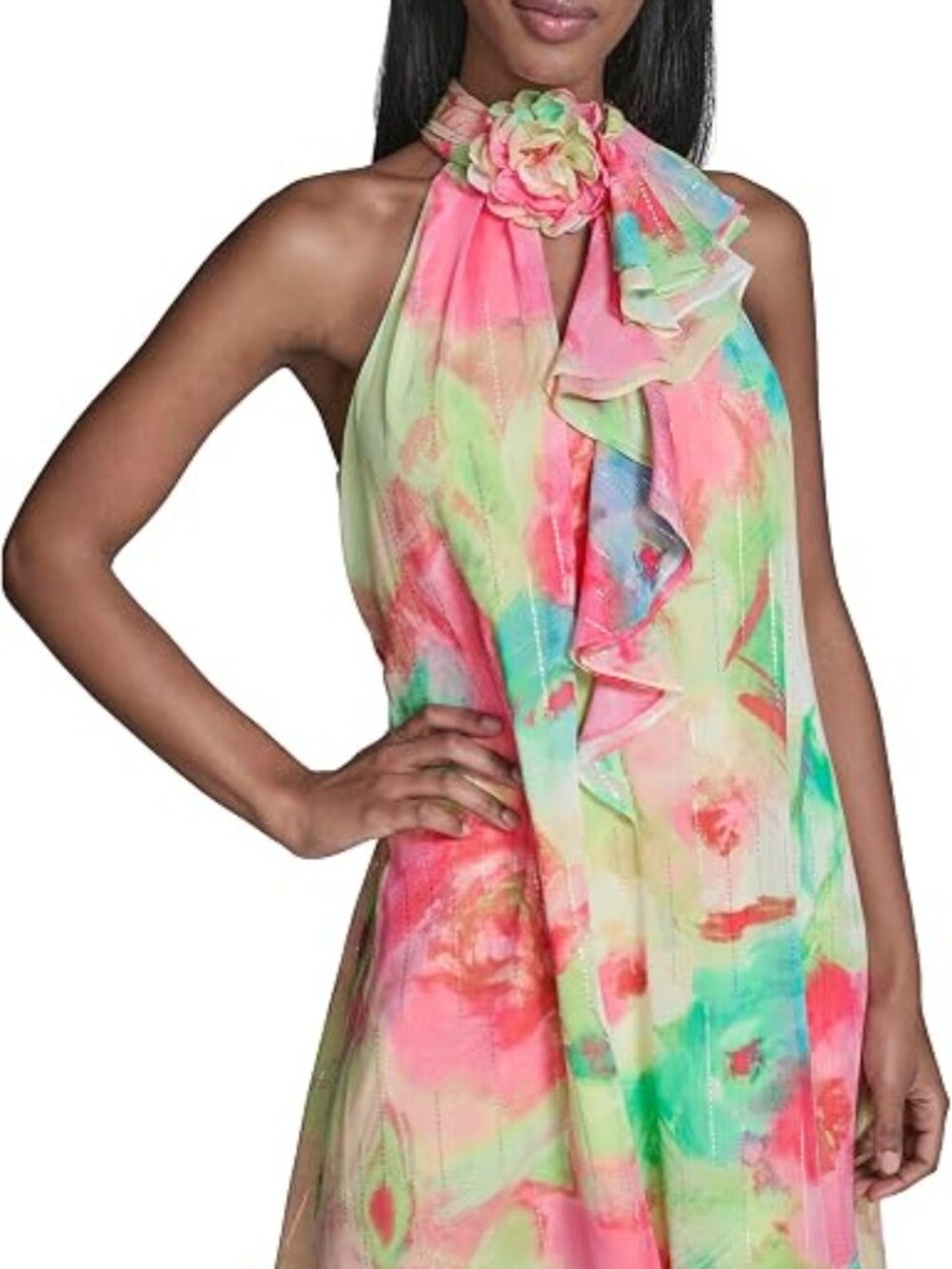 Karl Lagerfeld Paris Women's Printed Ruffle Halter Dress - Y2K Style with Flower